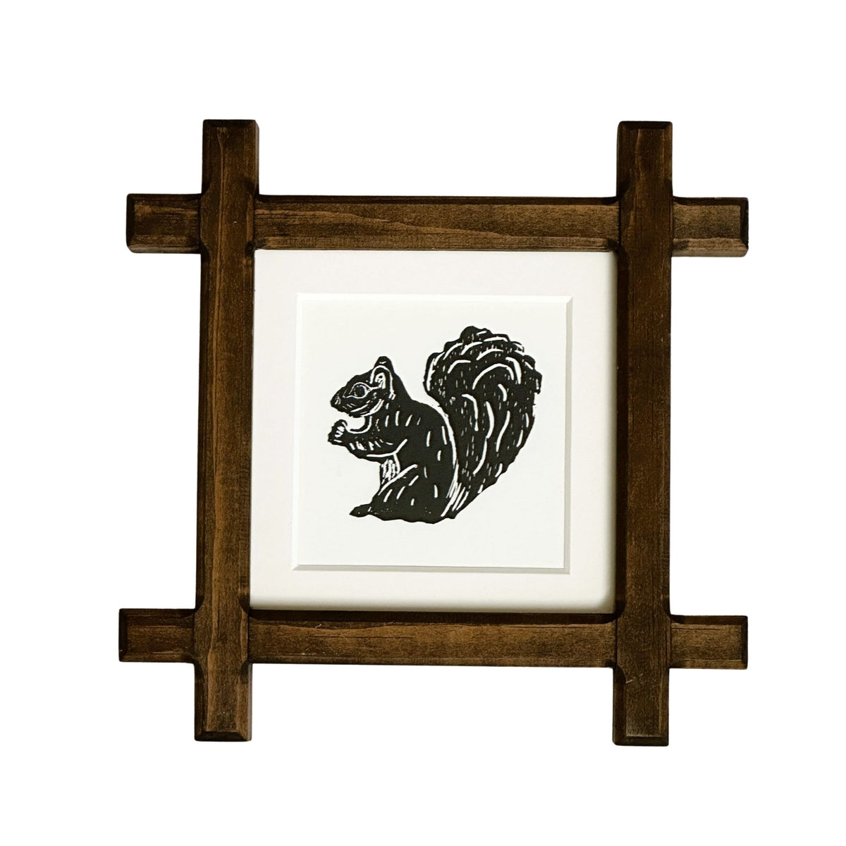 American Squirrel Original Hand Printed Block Print in Vintage Adirondack Wood Frame