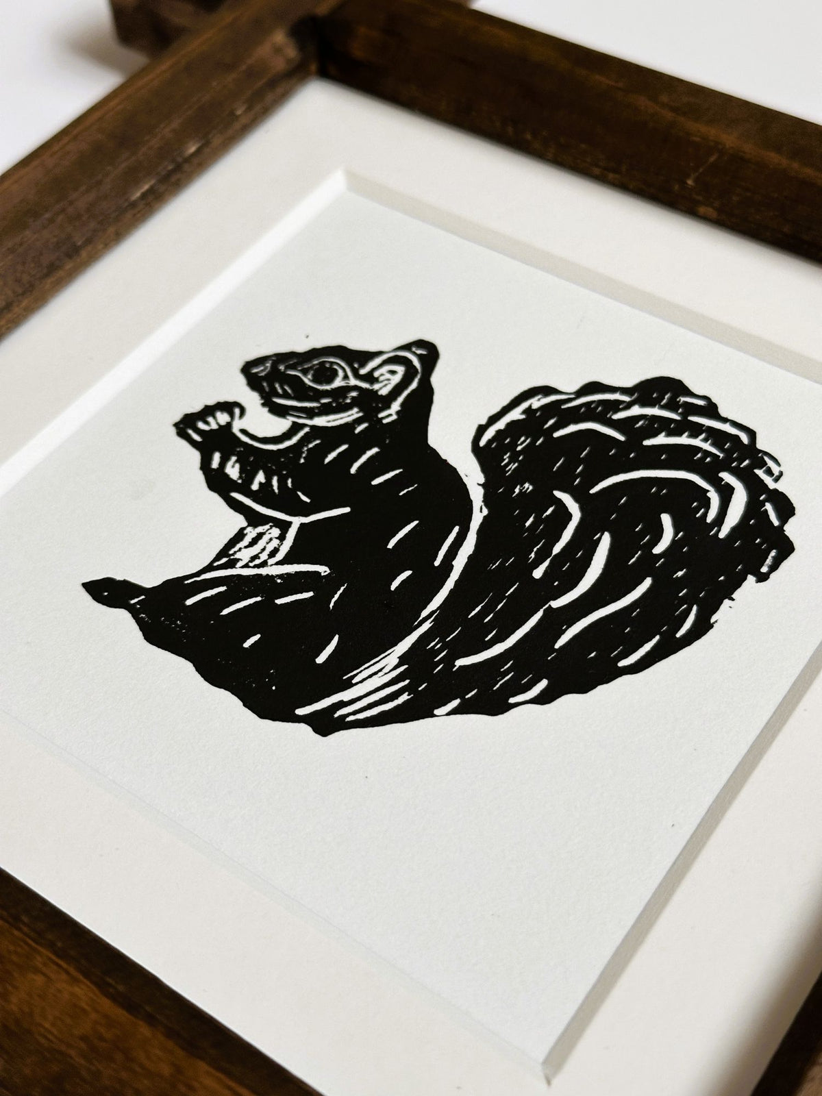American Squirrel Original Hand Printed Block Print in Vintage Adirondack Wood Frame
