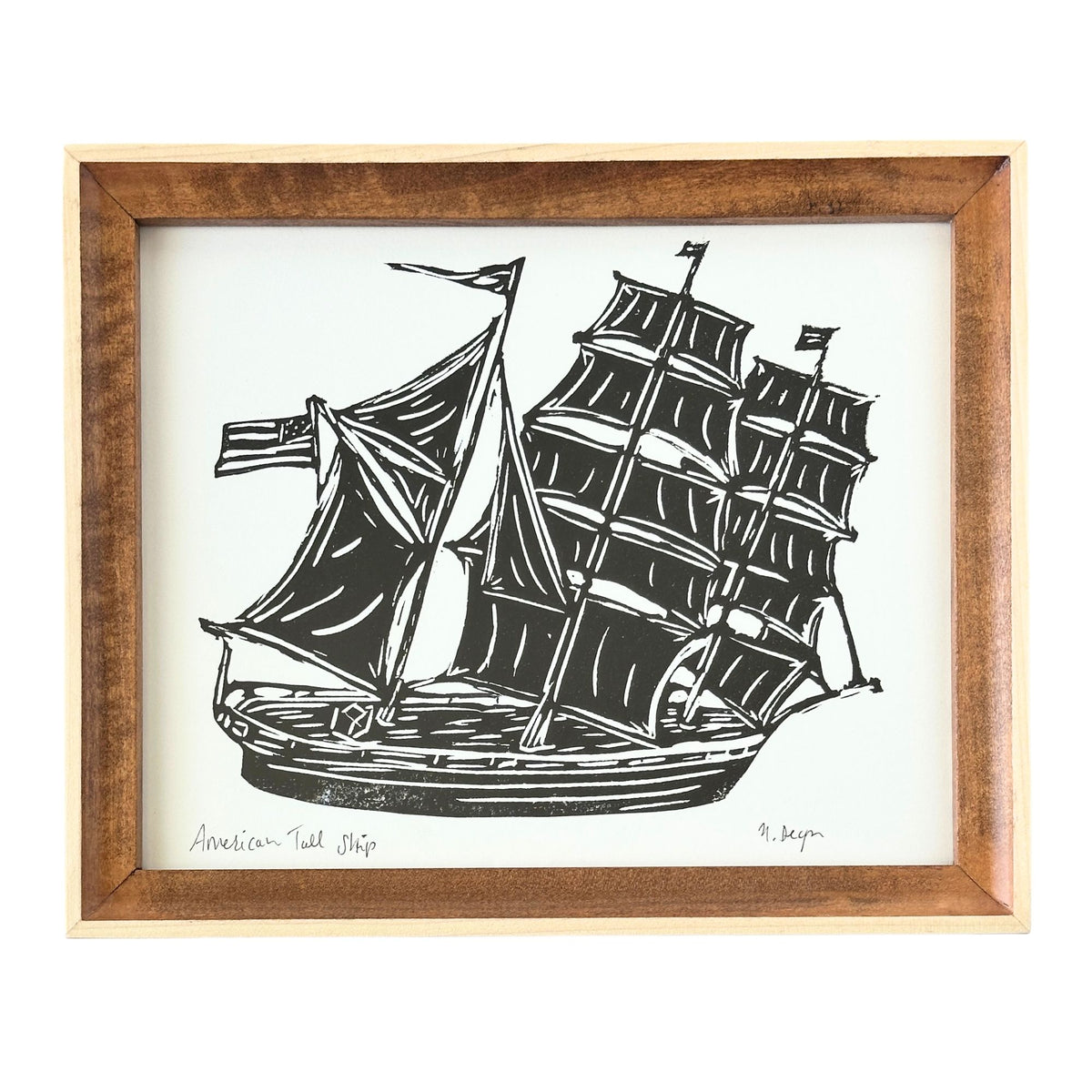 American Tall Ship Block Print Original Hand Printed in Oil Paints Solid Wood Framed