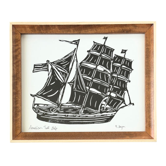 American Tall Ship Block Print Original Hand Printed in Oil Paints 8x10 in Solid Poplar Wood Frame with Brown Wash Details with Wood Back