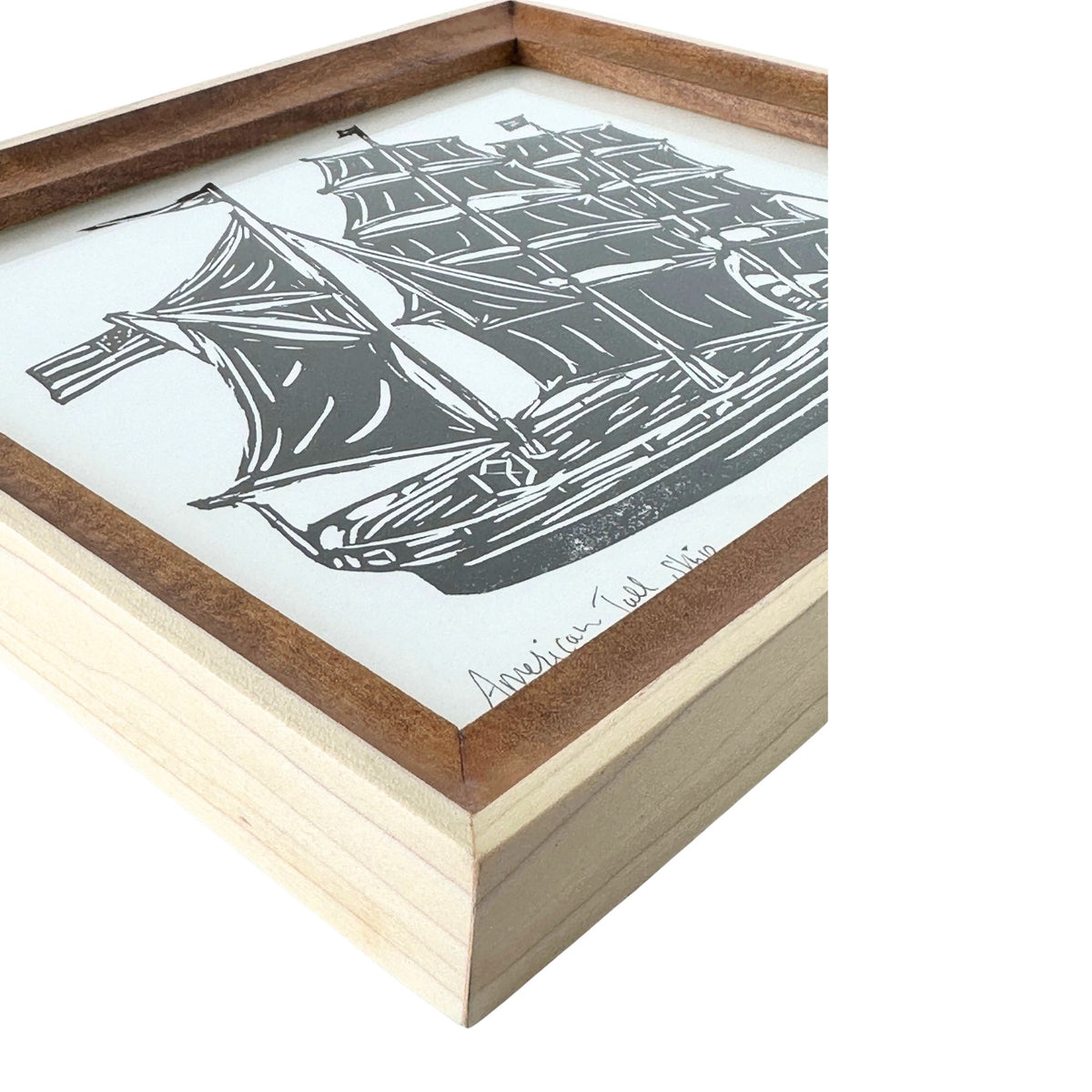 American Tall Ship Block Print Original Hand Printed in Oil Paints Solid Wood Framed