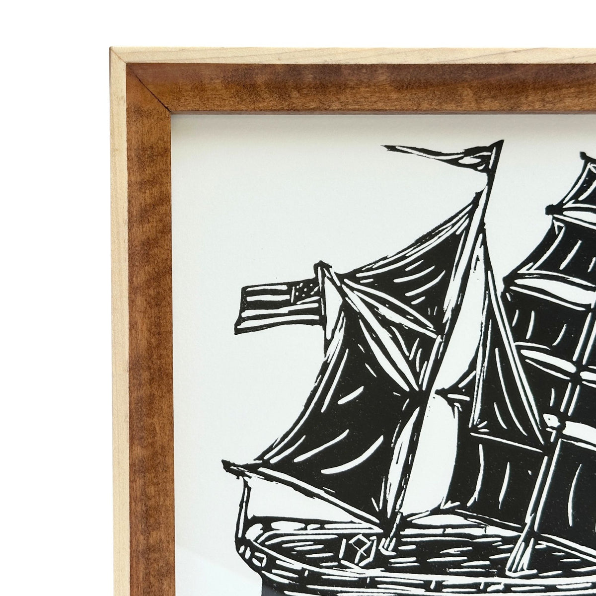 American Tall Ship Block Print Original Hand Printed in Oil Paints Solid Wood Framed