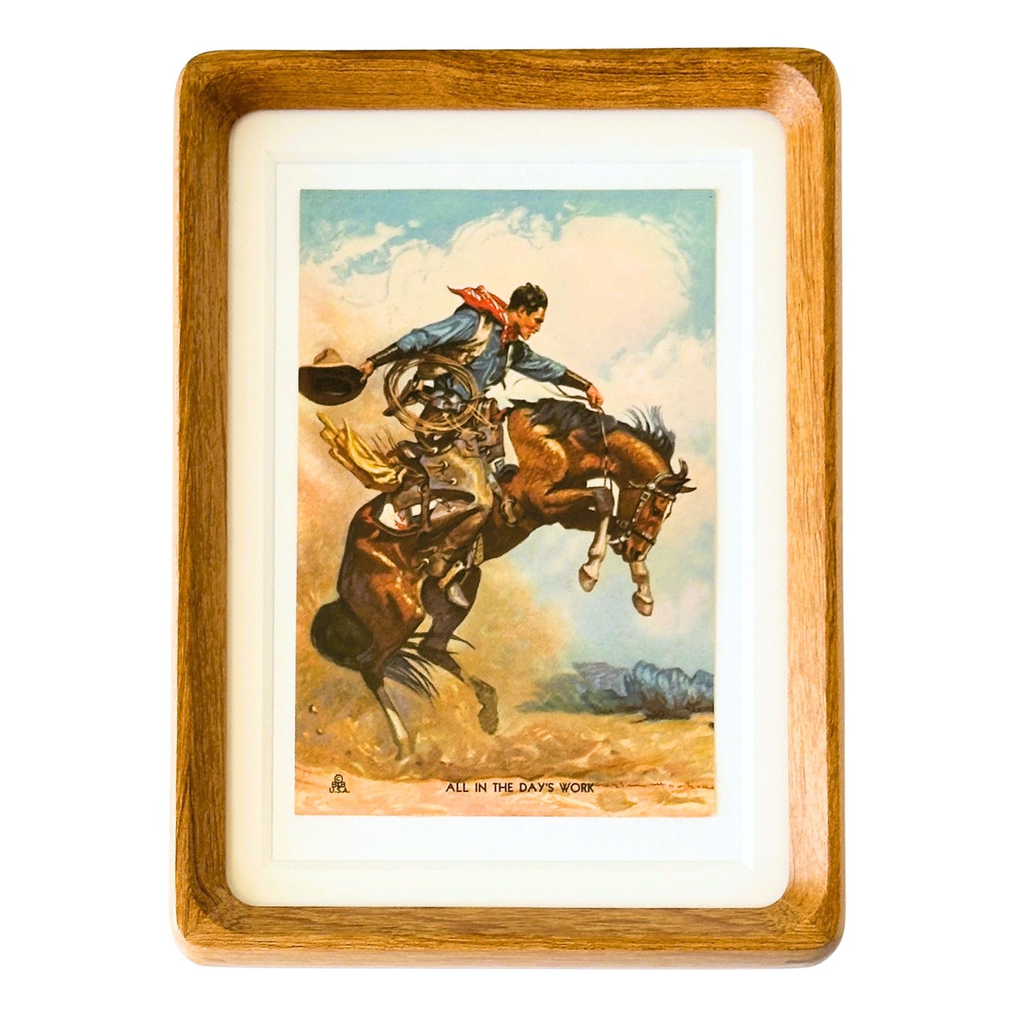 American West Cowboy Northern Pacific Railroad Ad Vintage Postcard Solid Wood Framed