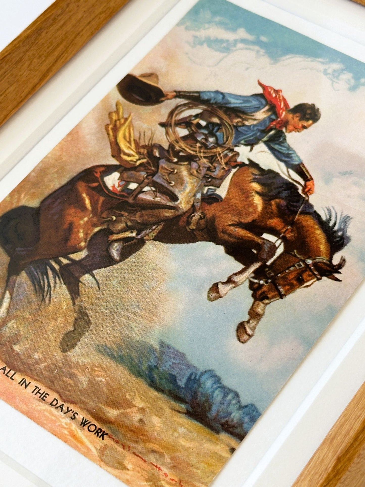 American West Cowboy Northern Pacific Railroad Ad Vintage Postcard Solid Wood Framed