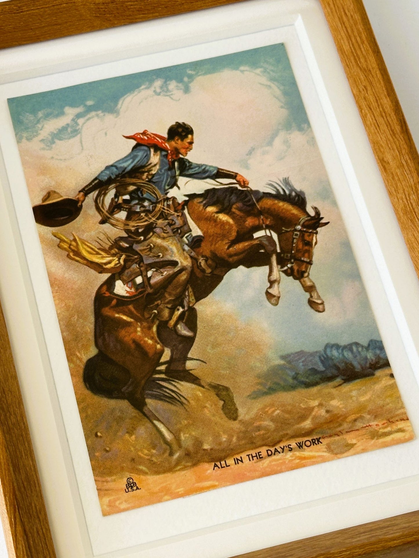 American West Cowboy Northern Pacific Railroad Ad Vintage Postcard Solid Wood Framed
