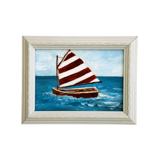 American Boat Sailing Dinghy Red and White Sail Original Painting by Nikki Degn Vintage Framed