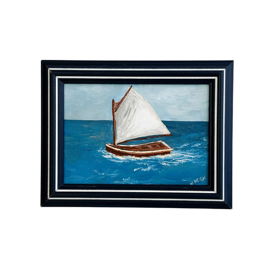 American Boat Sailing Dinghy White Sail Original Painting by Nikki Degn Vintage Framed