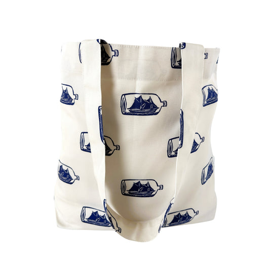 American Nautical Souvenir Ship in a Bottle Block Print Design Large Tote Bag