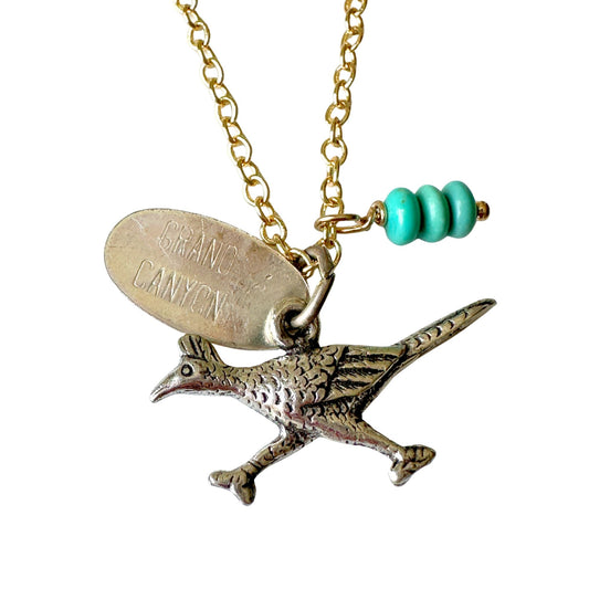 Arizona Grand Canyon Road Runner Vintage Charm on New 18 Inch Gold Filled Necklace with Turquoise Gemstone Beads