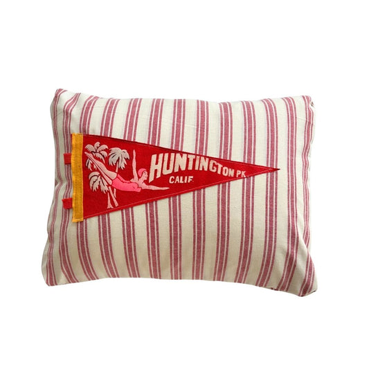 California Huntington Vintage Red Pennant on New Woven Striped Pattern Throw Pillow