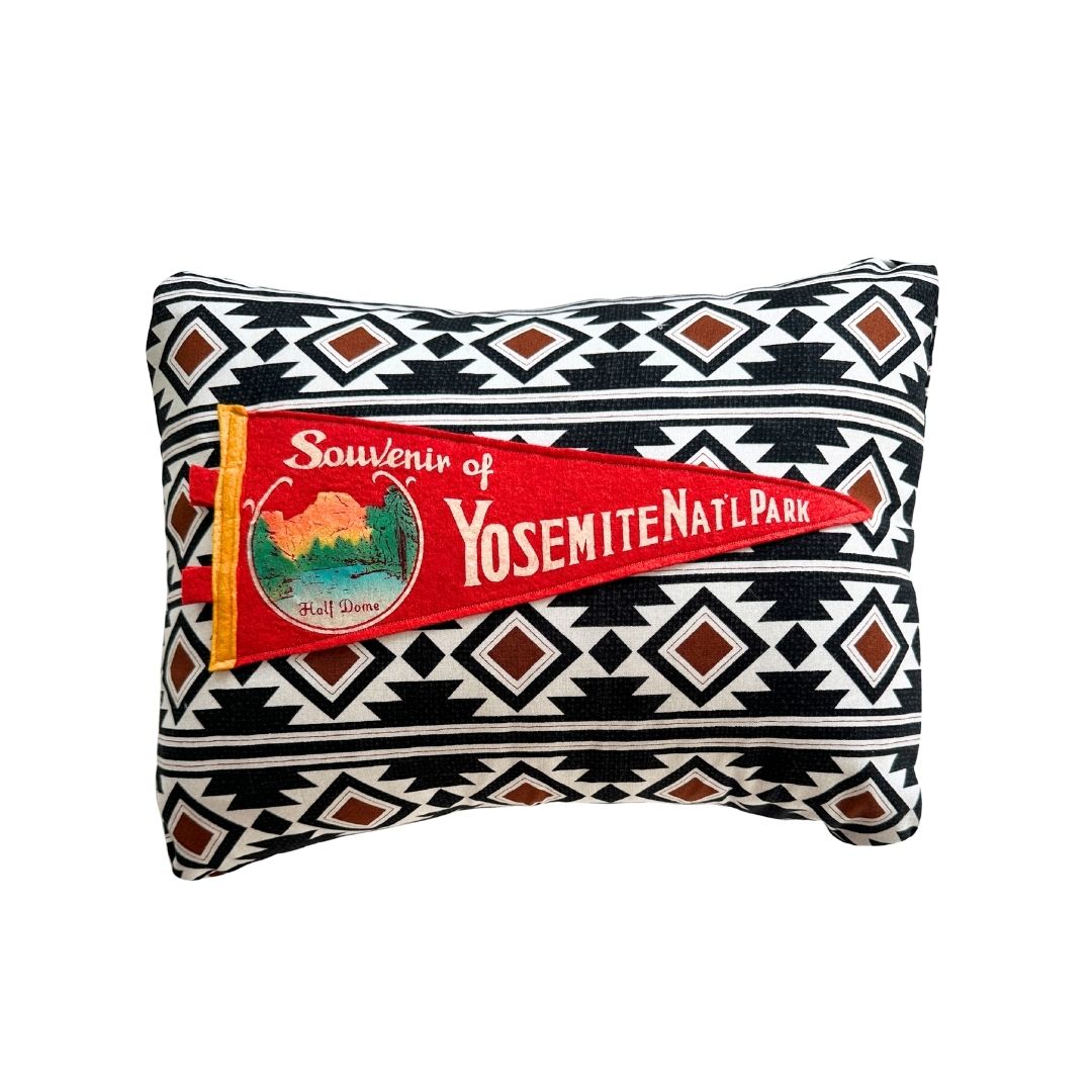California Yosemite National Park Vintage Red Pennant on New Woven Black Southwest Pattern Throw Pillow