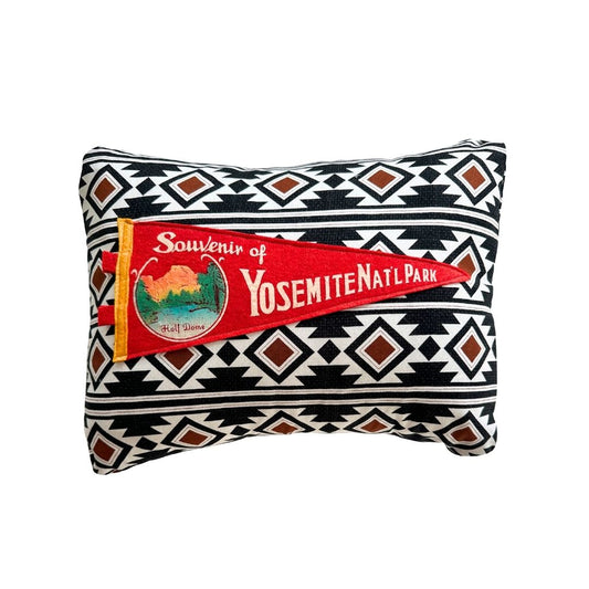 California Yosemite National Park Vintage Red Pennant on New Woven Black Southwest Pattern Throw Pillow