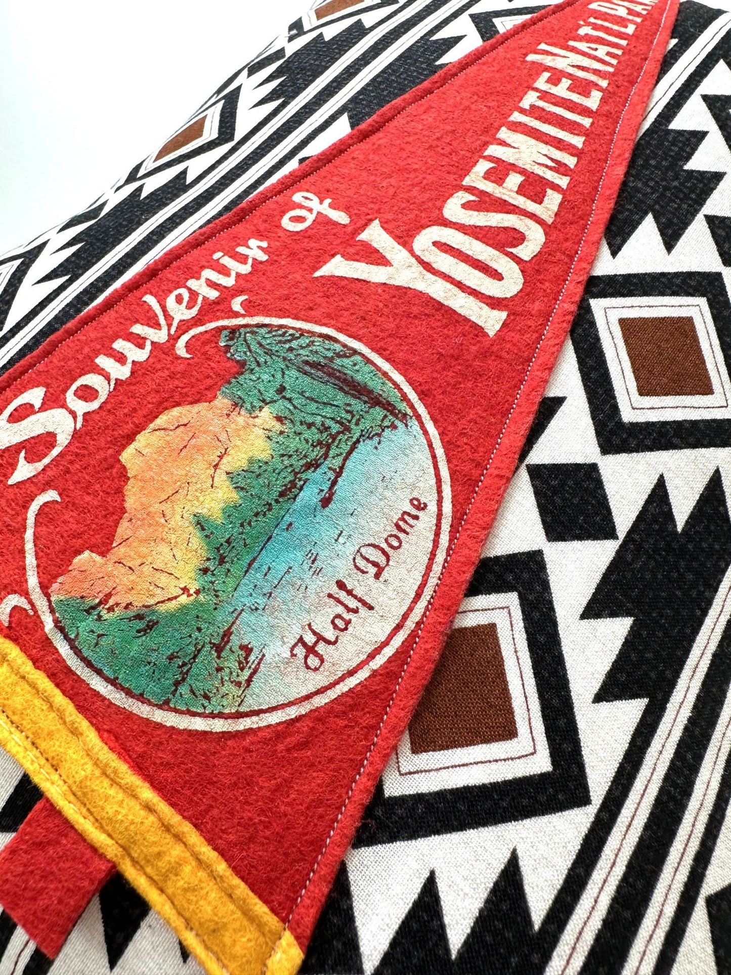 California Yosemite National Park Vintage Red Pennant on New Woven Black Southwest Pattern Throw Pillow