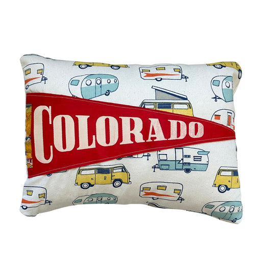Colorado Red Vintage Pennant on New Woven Camper Fabric Throw Pillow