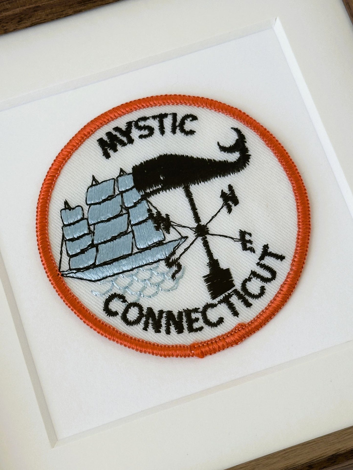 Connecticut Mystic Whale Weathervane and Ship Framed Vintage Travel Patch