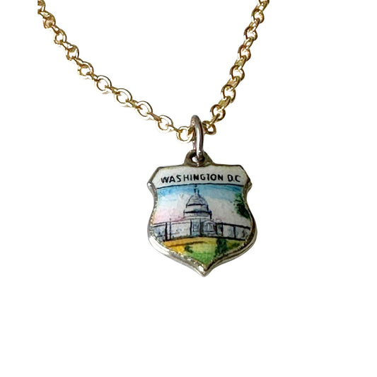 DC Washington Vintage Fritz REU Sterling Silver Enamel Charm on New 18 Inch Gold Filled Necklace