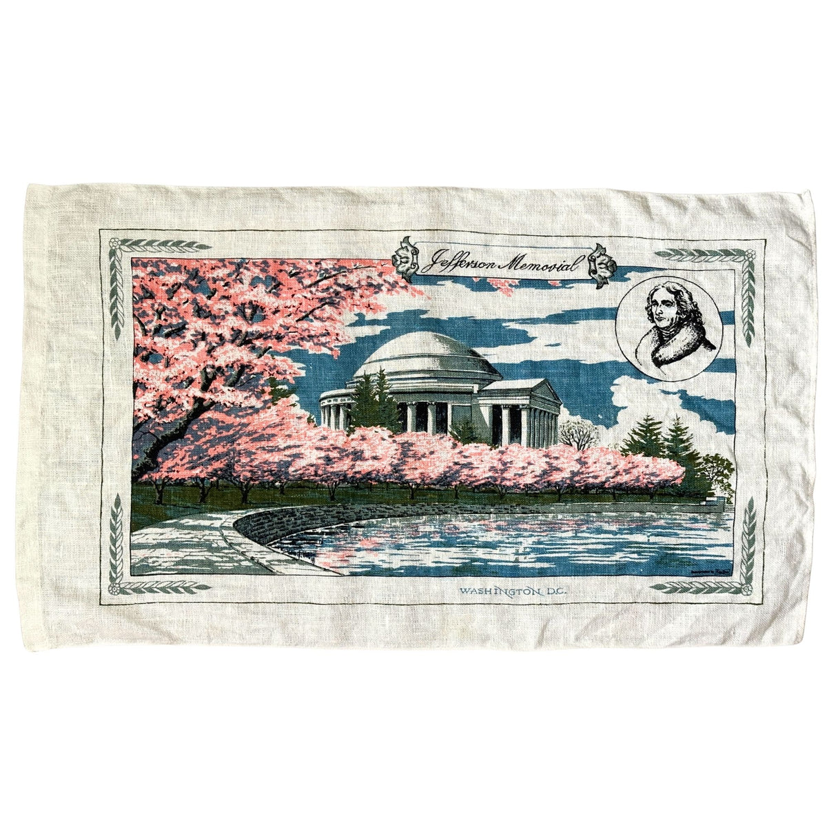 DC Washington Jefferson Memorial Cherry Blossoms 1960-70s Kay Dee Hand Printed Linen 29x17 inches READY TO FRAME