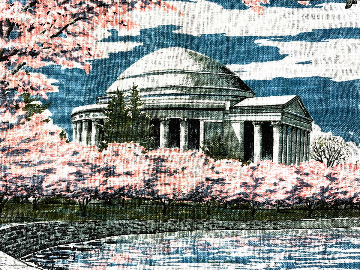 DC Washington Jefferson Memorial Cherry Blossoms 1960-70s Kay Dee Hand Printed Linen 29x17 inches READY TO FRAME