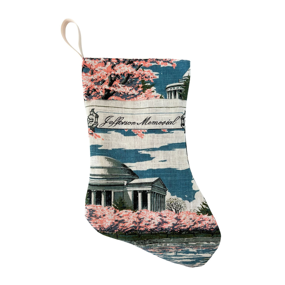 DC Washington Jefferson Memorial Cherry Blossoms Vintage Hand Printed Linen Freshly Sewn Stocking