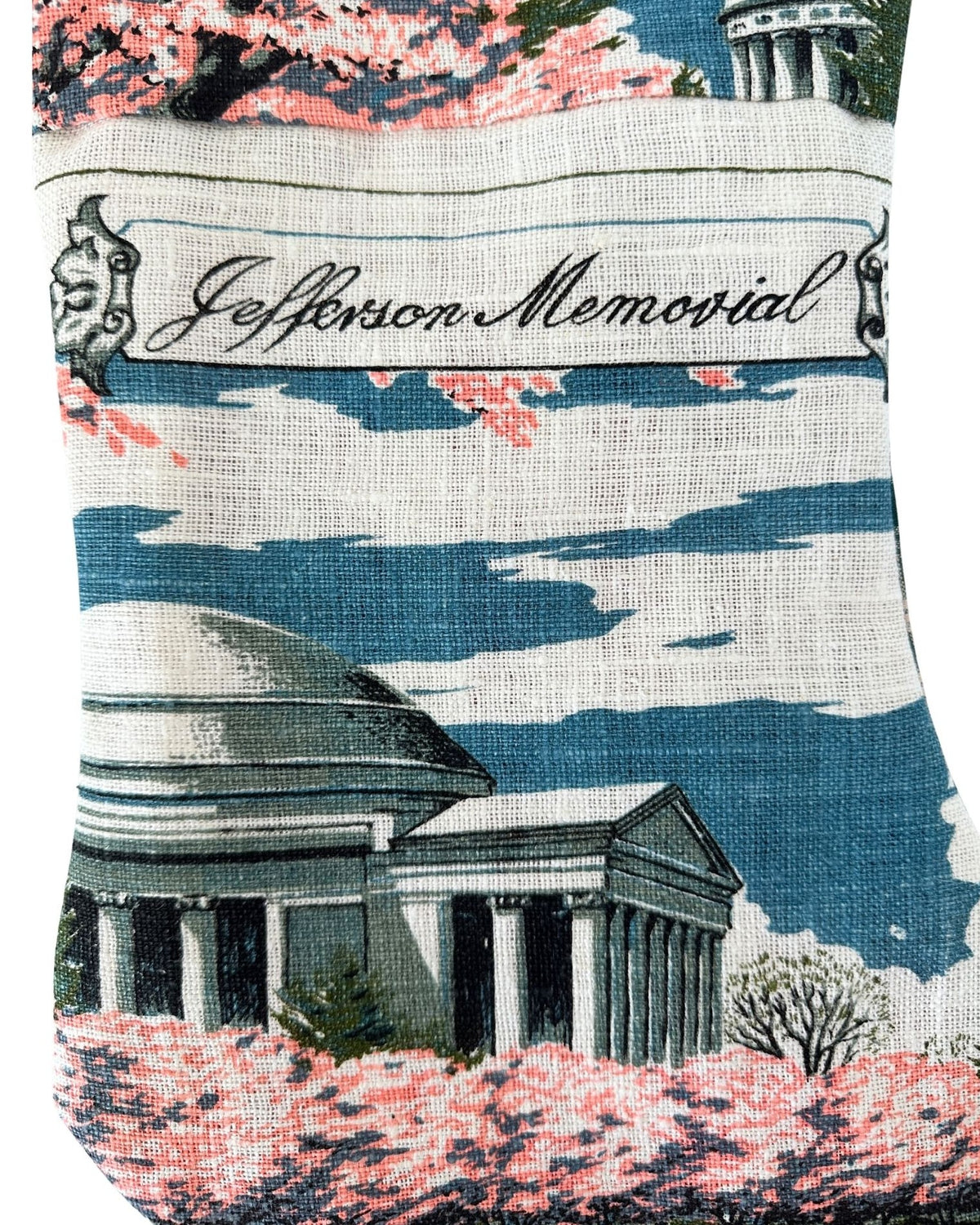 DC Washington Jefferson Memorial Cherry Blossoms Vintage Hand Printed Linen Freshly Sewn Stocking
