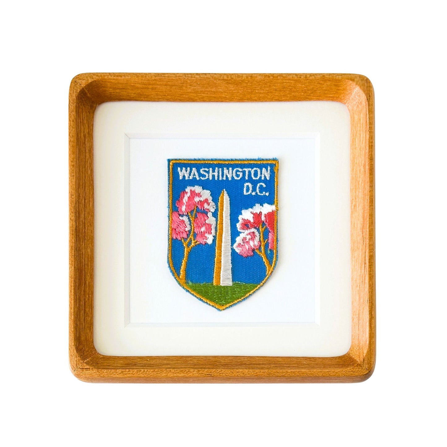DC Washington Monument Cherry Blossoms Vintage Travel Patch Wood Framed