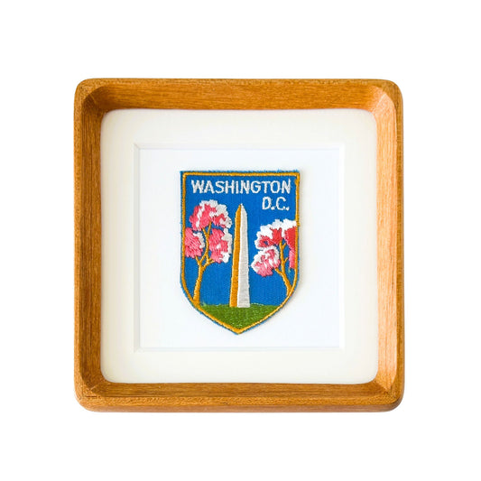 DC Washington Monument Cherry Blossoms Vintage Travel Patch Wood Framed
