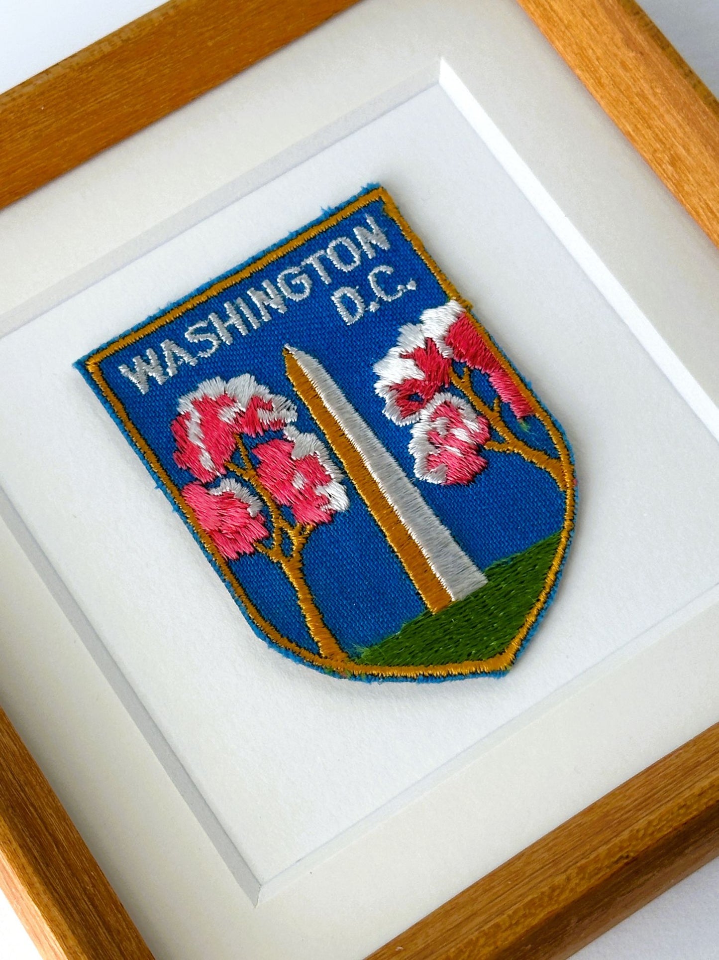 DC Washington Monument Cherry Blossoms Vintage Travel Patch Wood Framed