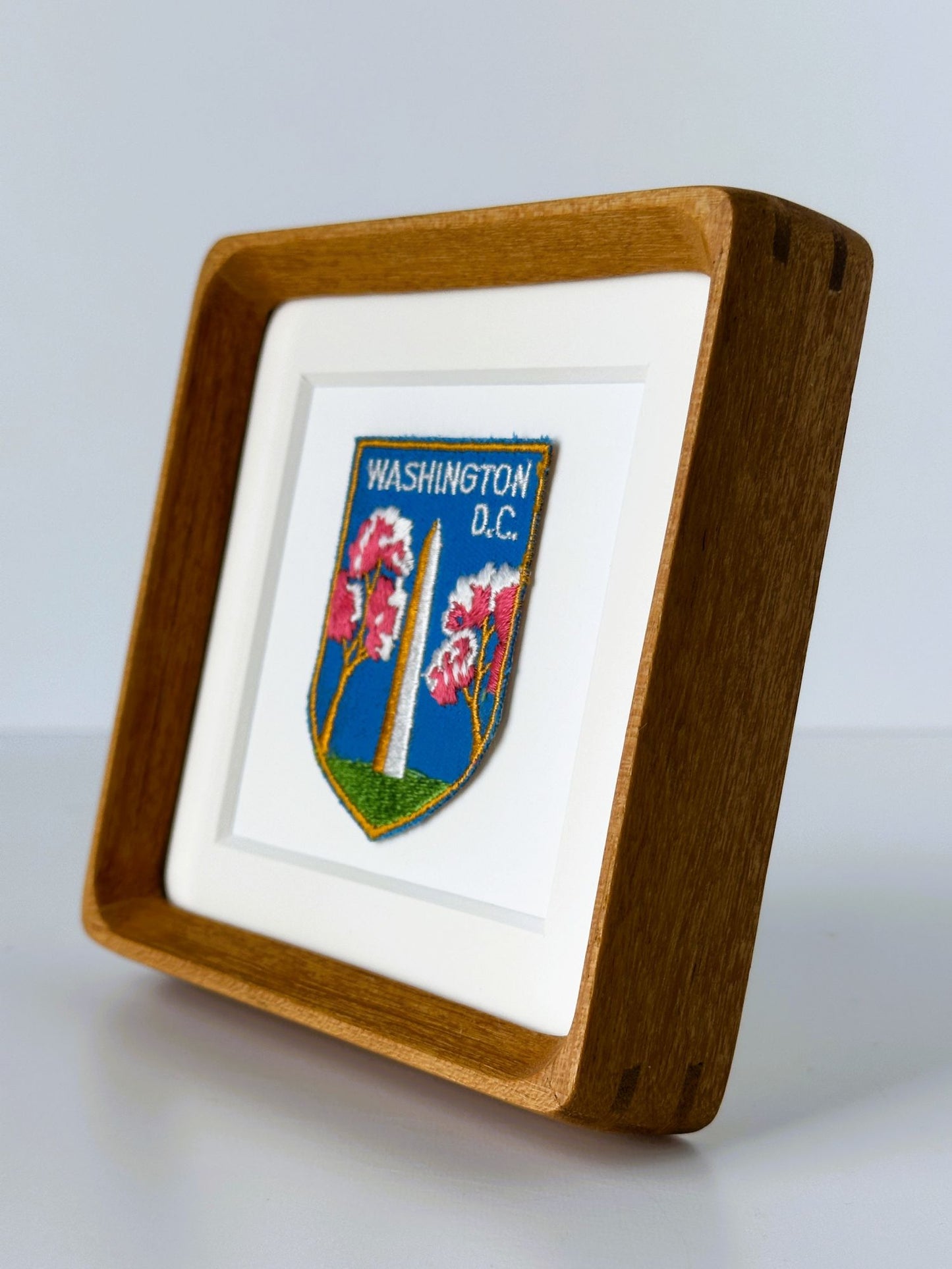 DC Washington Monument Cherry Blossoms Vintage Travel Patch Wood Framed