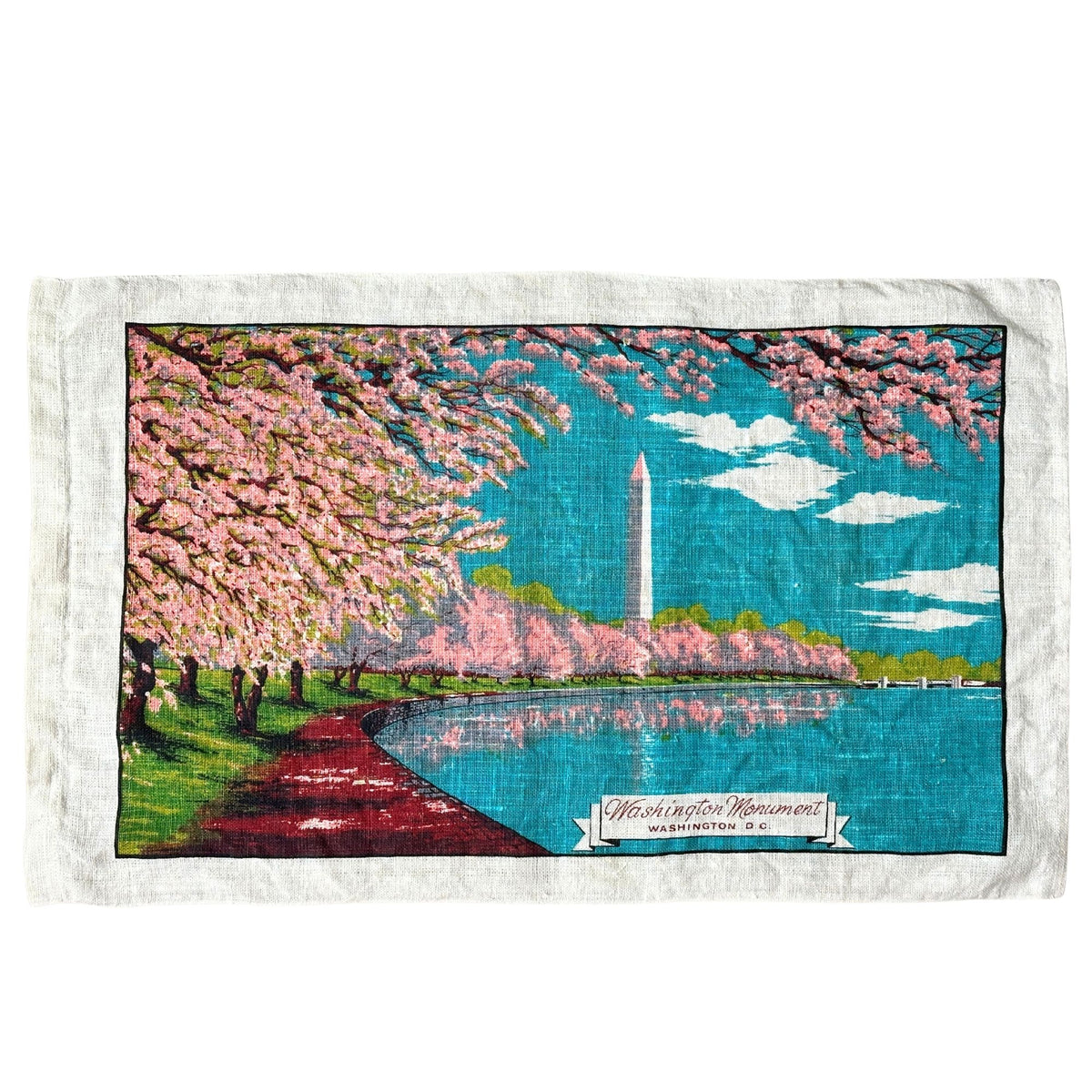 DC Washington Monument Cherry Blossoms 1960-70s Kay Dee Hand Printed Linen 28x17 inches READY TO FRAME