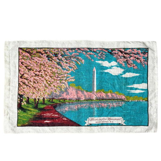 DC Washington Monument Cherry Blossoms 1960-70s Kay Dee Hand Printed Linen 28x17 inches READY TO FRAME