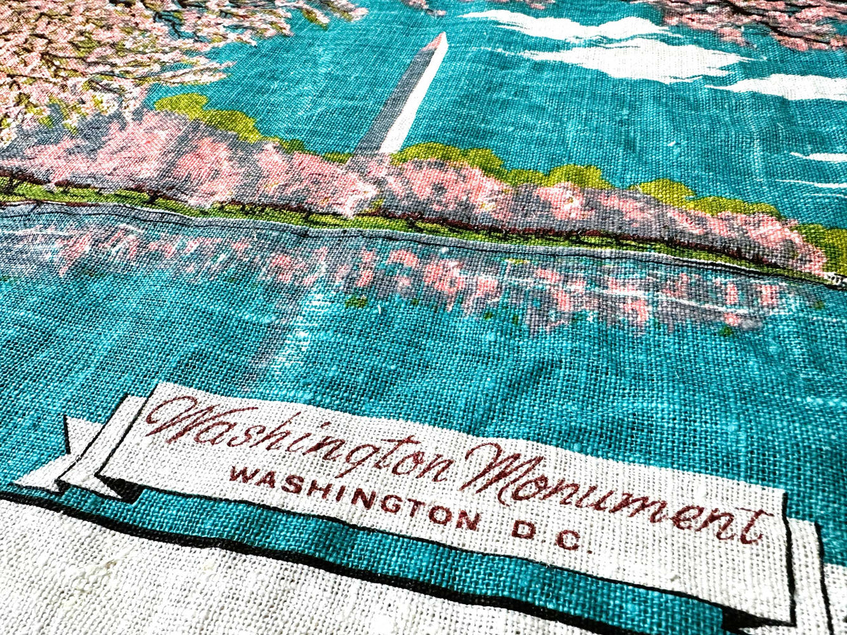 DC Washington Monument Cherry Blossoms 1960-70s Kay Dee Hand Printed Linen 28x17 inches READY TO FRAME