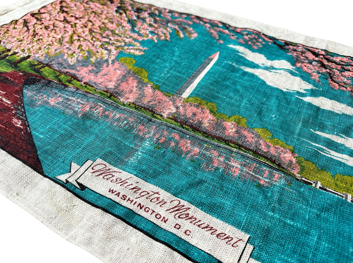 DC Washington Monument Cherry Blossoms 1960-70s Kay Dee Hand Printed Linen 28x17 inches READY TO FRAME