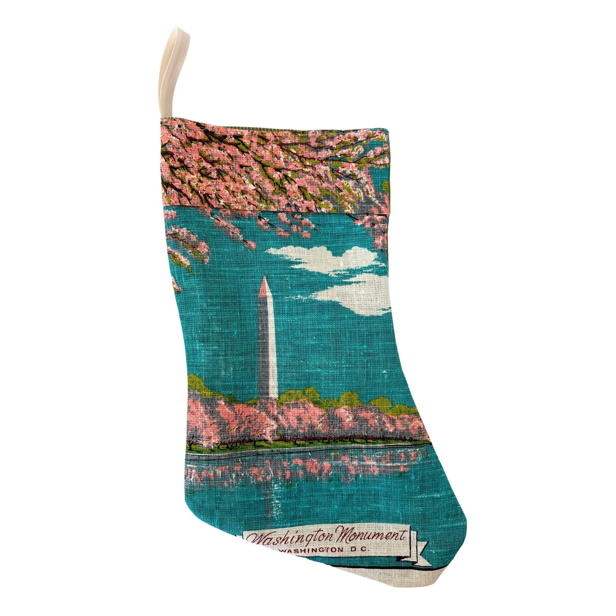 DC Washington Monument Cherry Blossoms Vintage Hand Printed Linen Freshly Sewn 18 inch Stocking