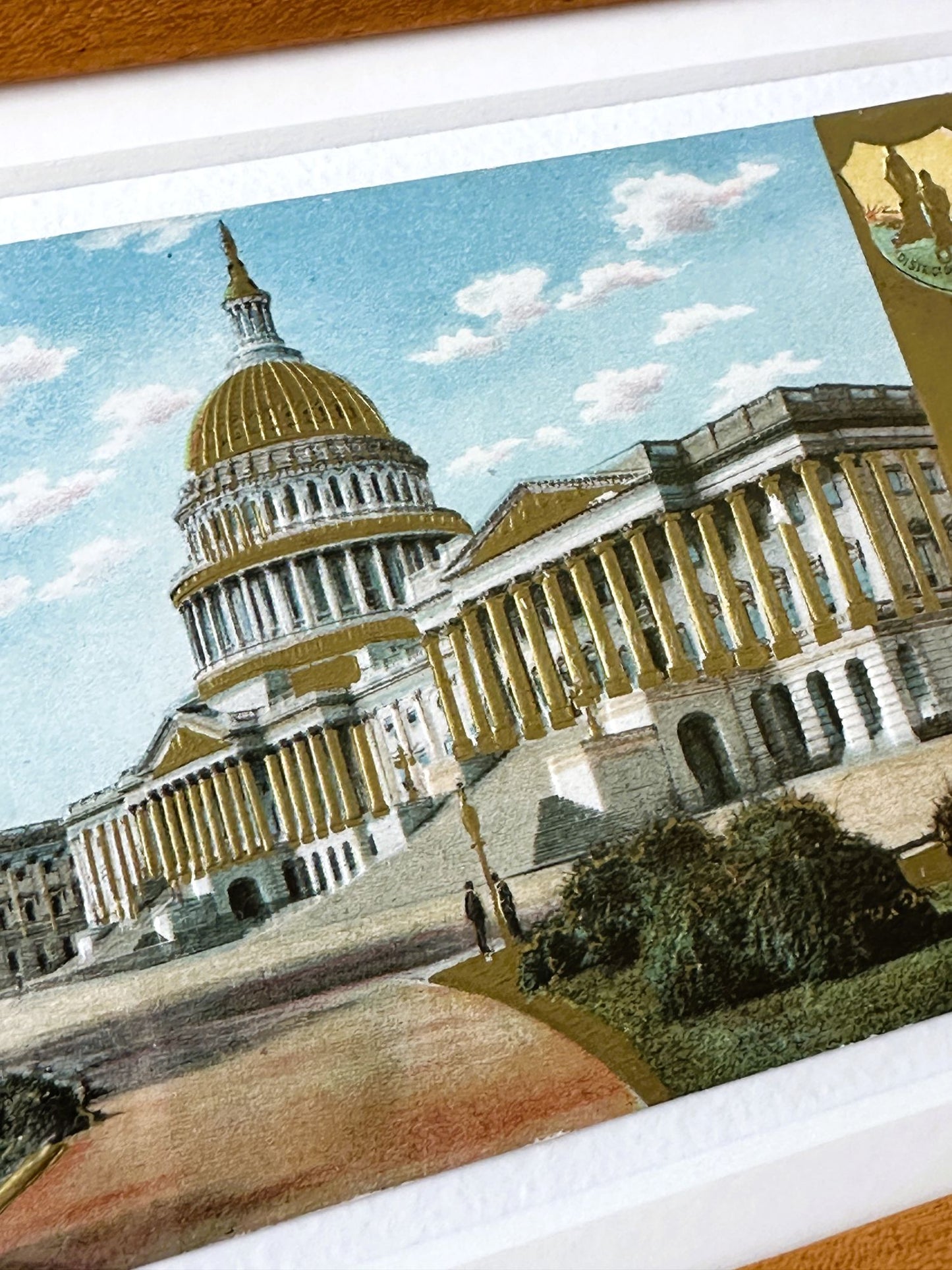 DC Washington US Capitol 1910 Circa Gold Embossed Vintage Postcard Solid Wood Framed