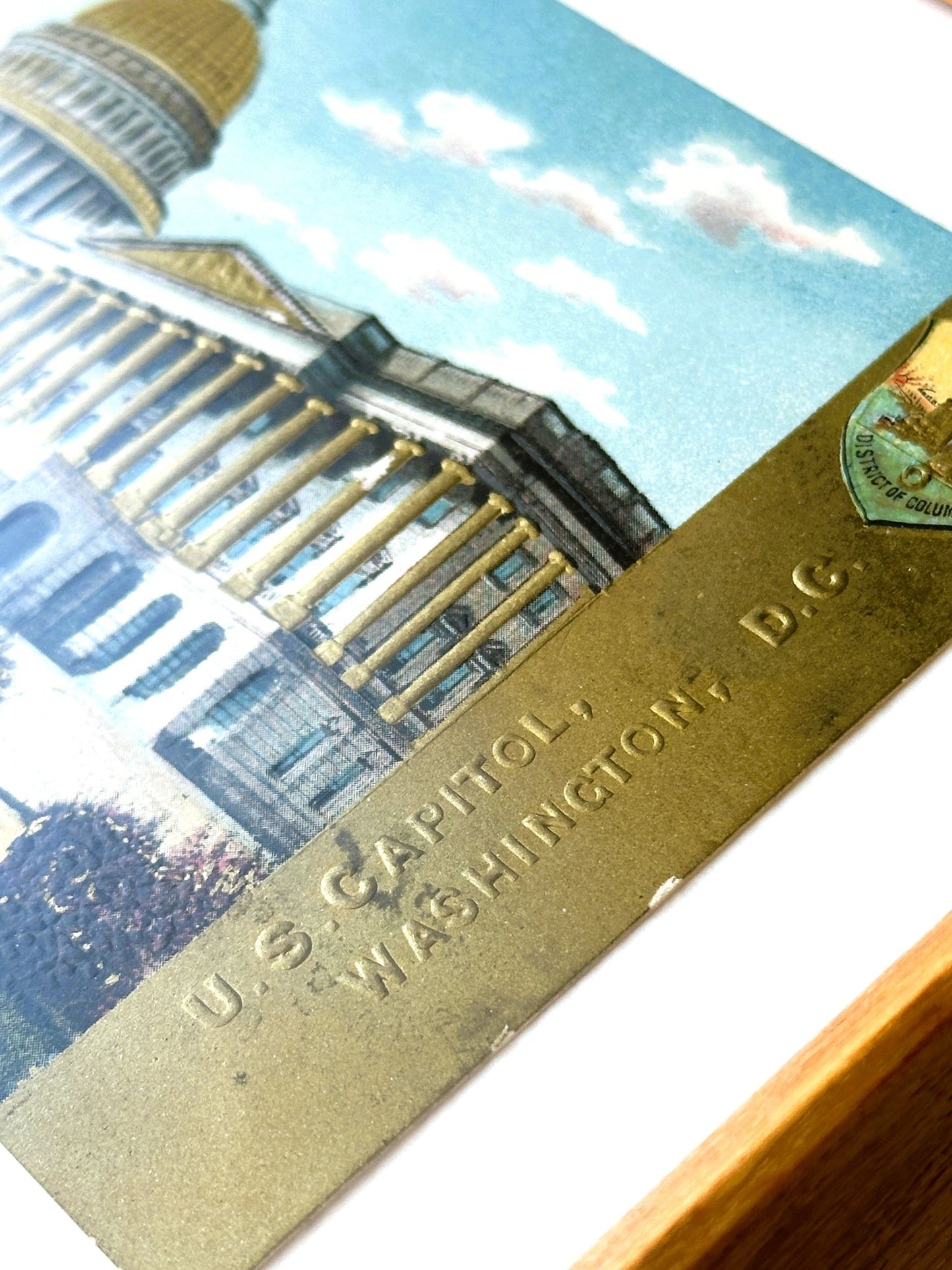 DC Washington US Capitol 1910 Circa Gold Embossed Vintage Postcard Solid Wood Framed
