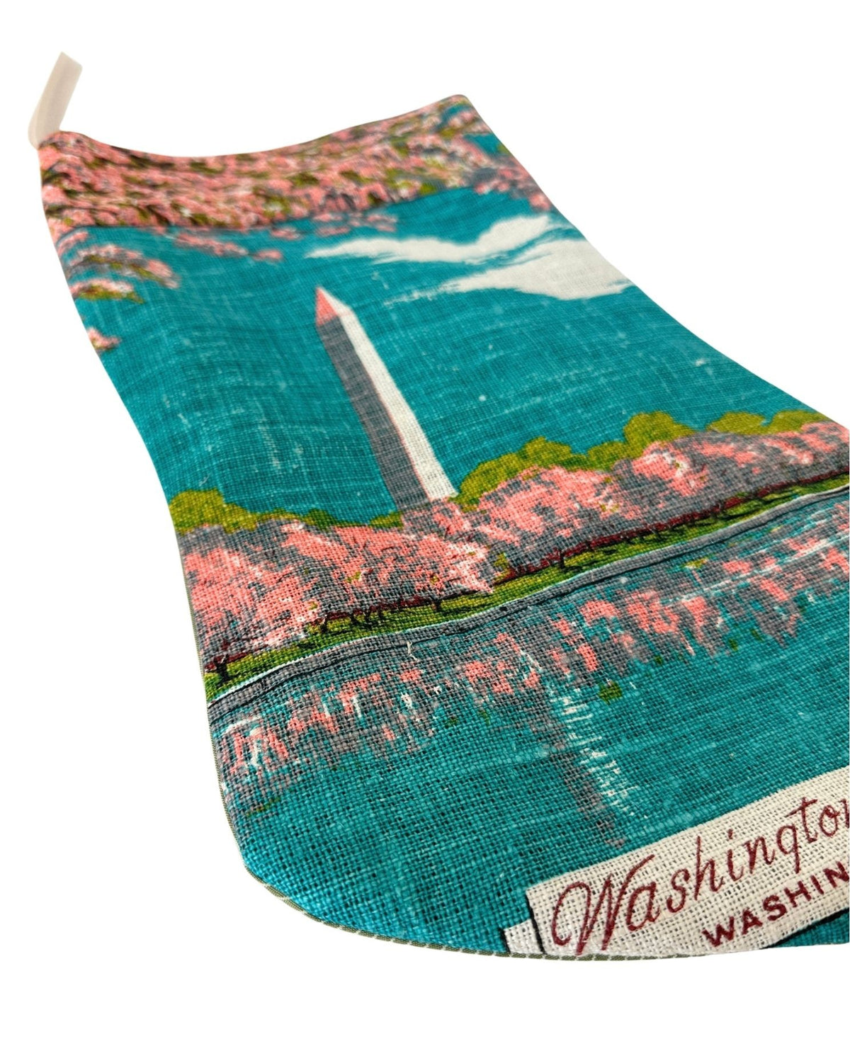 DC Washington Monument Cherry Blossoms Vintage Hand Printed Linen Freshly Sewn 18 inch Stocking
