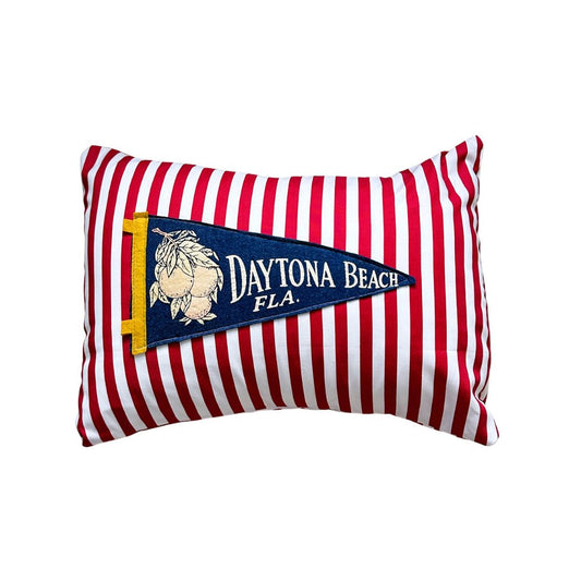 Florida Daytona Beach Vintage Blue Pennant on New Woven Red and White Striped Throw Pillow