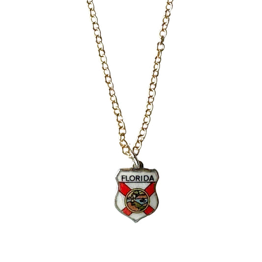 Florida Vintage Fritz REU Sterling Silver Enamel Charm on New 18 Inch Gold Filled Necklace
