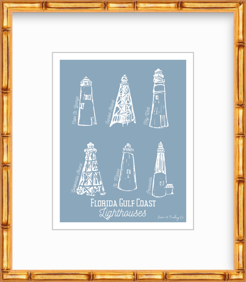 Florida Gulf Coast Lighthouses Block Print by Nikki Degn Giclee Art Print