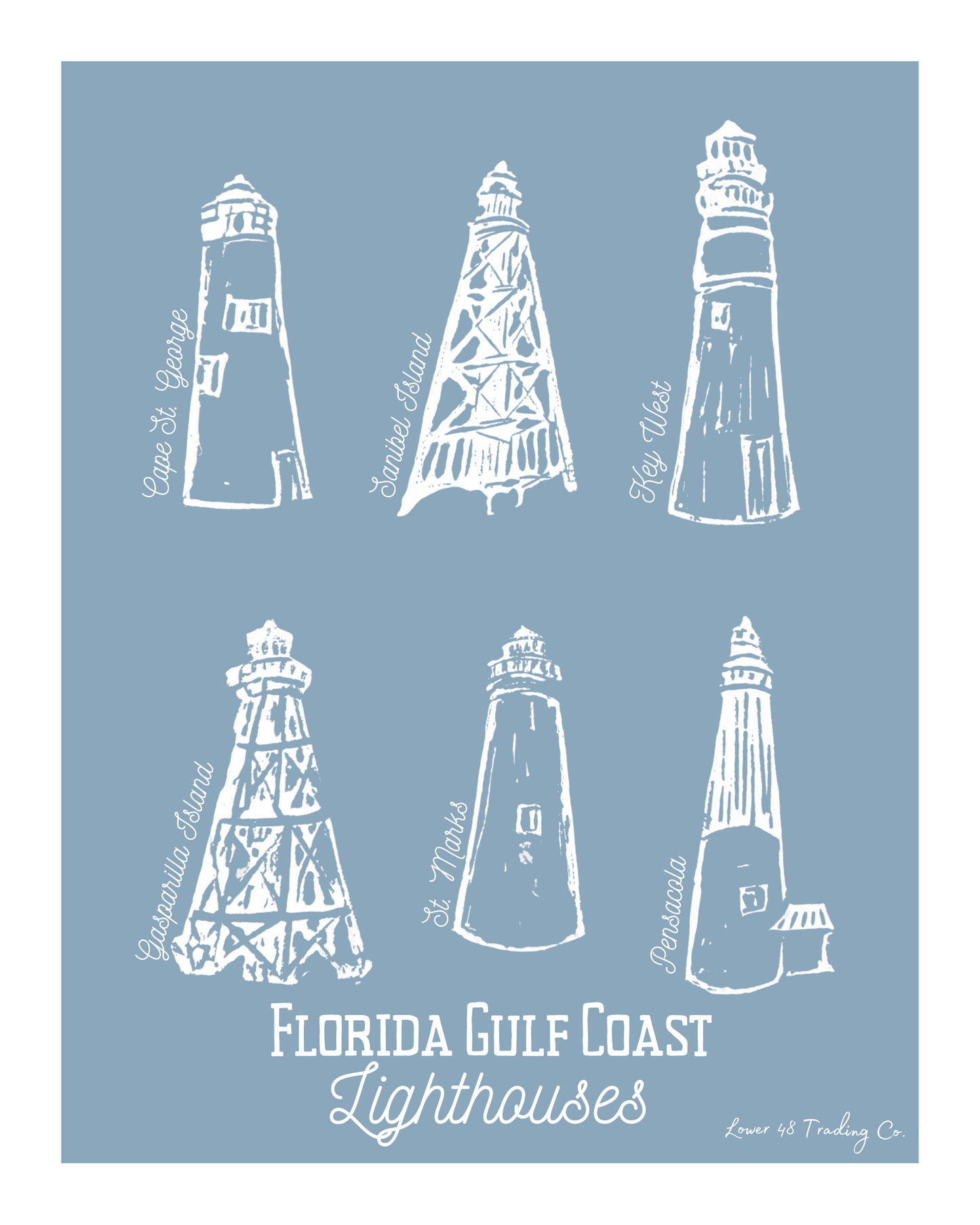 Florida Gulf Coast Lighthouses Block Print by Nikki Degn Giclee Art Print