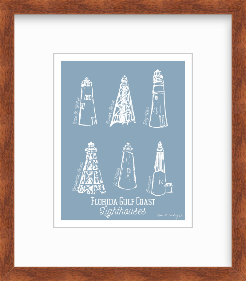 Florida Gulf Coast Lighthouses Block Print by Nikki Degn Giclee Art Print