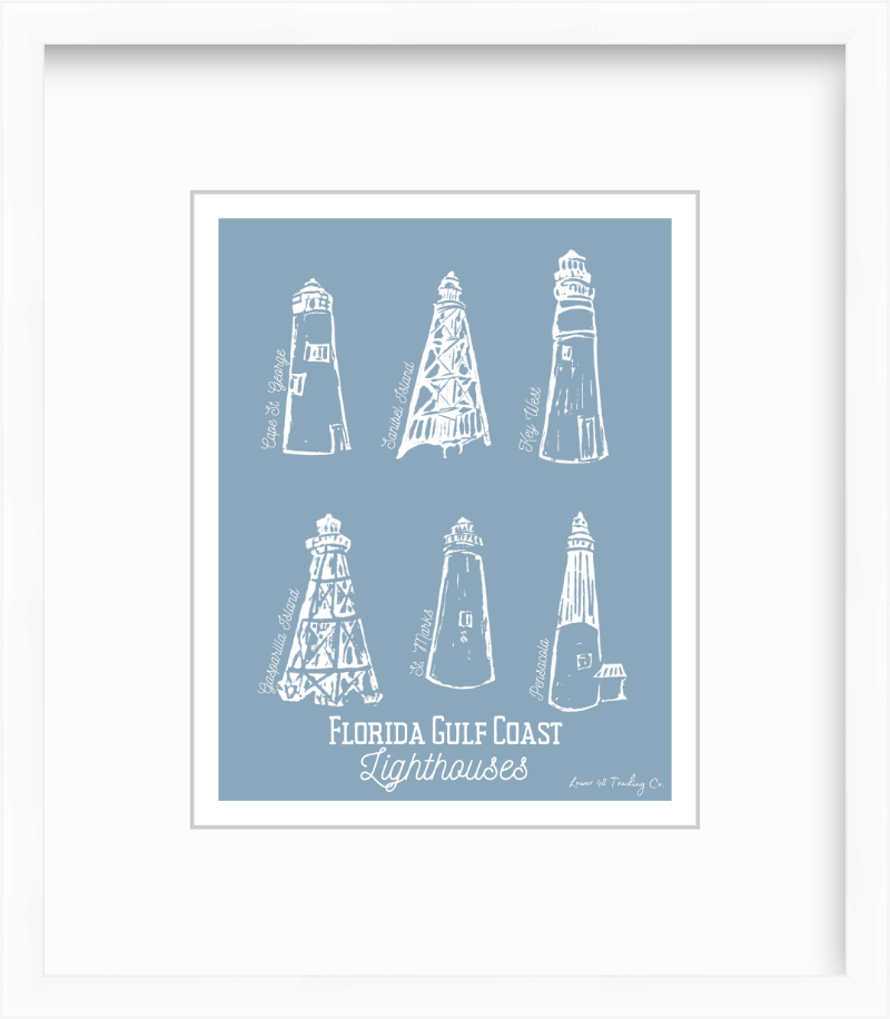 Florida Gulf Coast Lighthouses Block Print by Nikki Degn Giclee Art Print