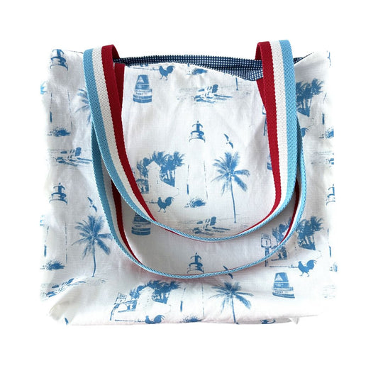 Florida Key West Design Linen Tote Bag with Americana Striped Straps
