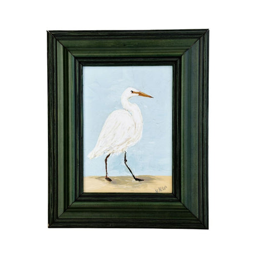 Florida Snowy Egret Shorebird Original Painting on Canvas by Nikki Degn, Vintage Framed