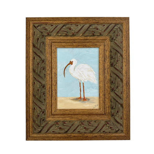 Florida White Ibis Shorebird Original Painting on Canvas by Nikki Degn, Vintage Framed