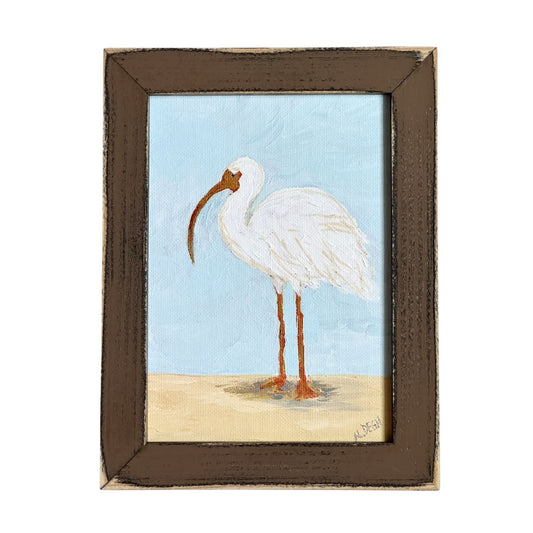 Florida White Ibis Shorebird Original Painting on Canvas by Nikki Degn Wood Framed