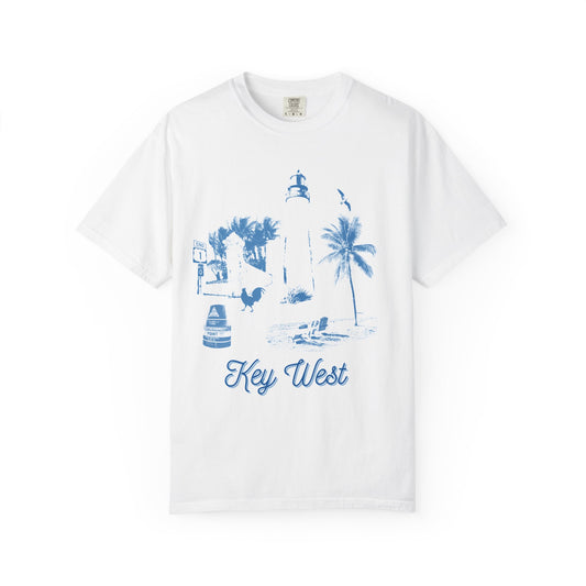 Florida Key West Lighthouse and Southernmost Point Adult Unisex T-Shirt White & Blue Toile