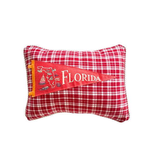 Florida Map Vintage Red Pennant on New Woven Plaid Throw Pillow