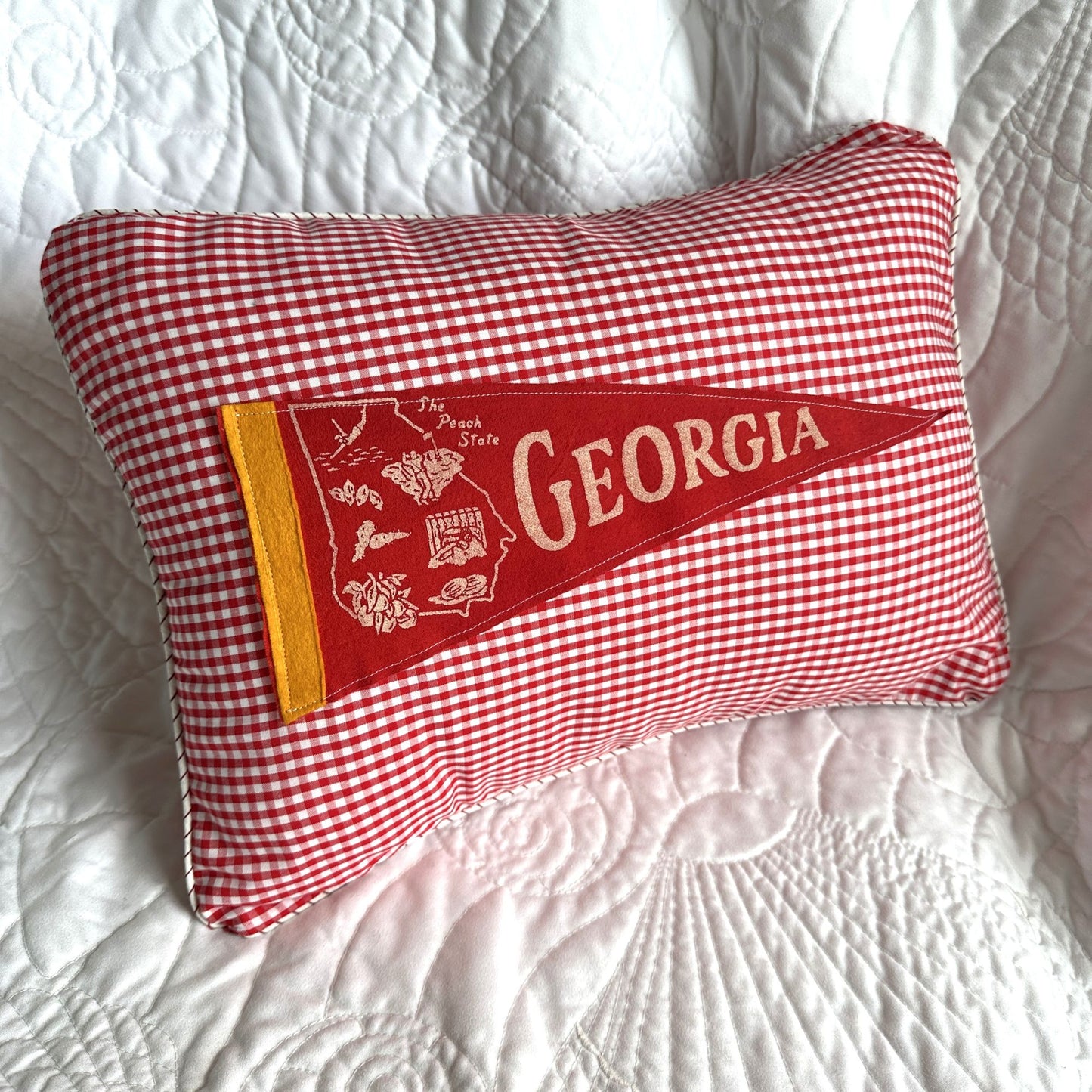 Georgia Vintage Red Pennant on New Woven Plaid Throw Pillow