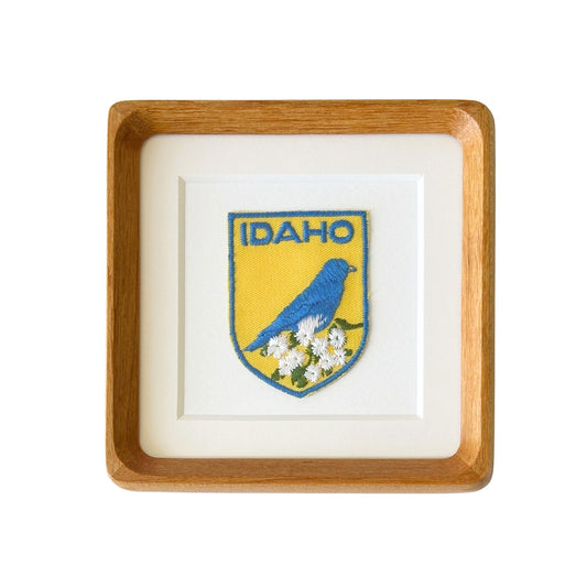Idaho State Bird and Flowers Vintage Travel Patch Wood Framed